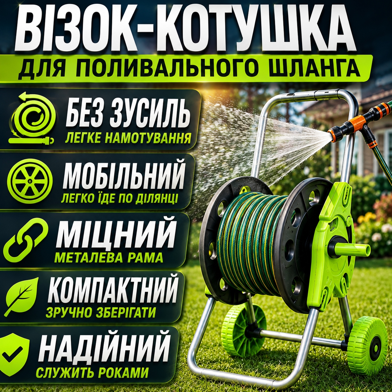 Візок-котушка для поливального шланга на білому фоні